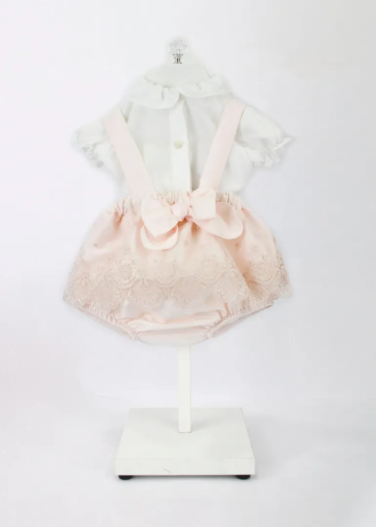 Barcellino Salopette Rosa con Fiocco con T-shirt Bianca per Neonate
