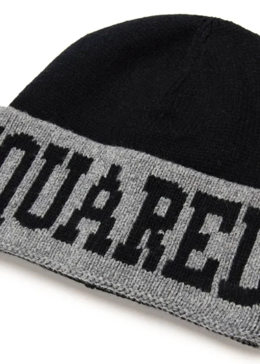 Dsquared2 Kids Cappello Beanie Nero con Logo Jacquard per Bambini