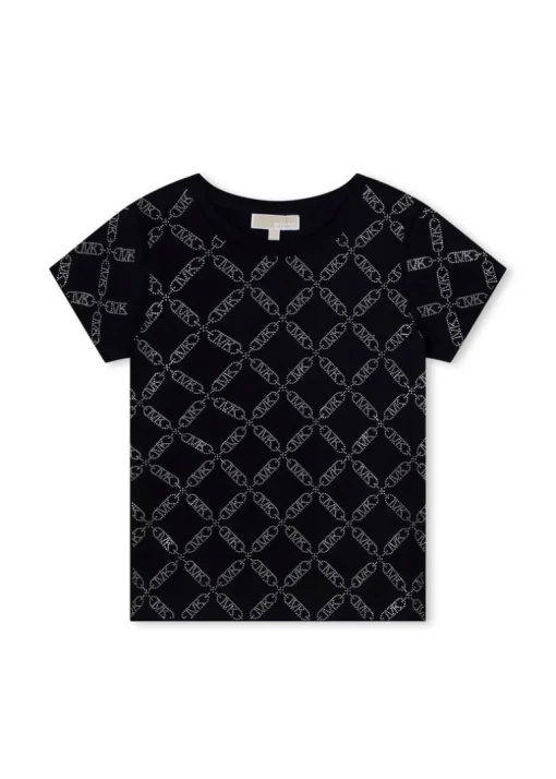 Michael Kors T-shirt Nera con Logo All-over per Bambine