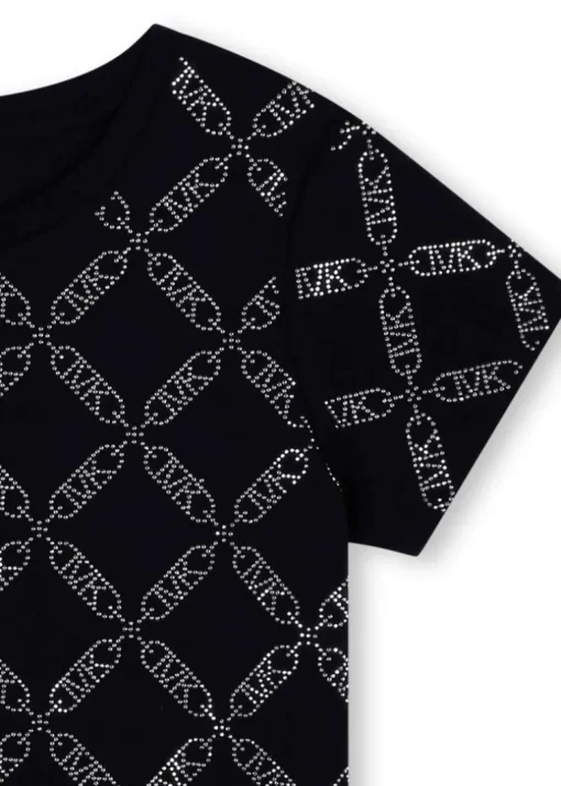 Michael Kors T-shirt Nera con Logo All-over per Bambine