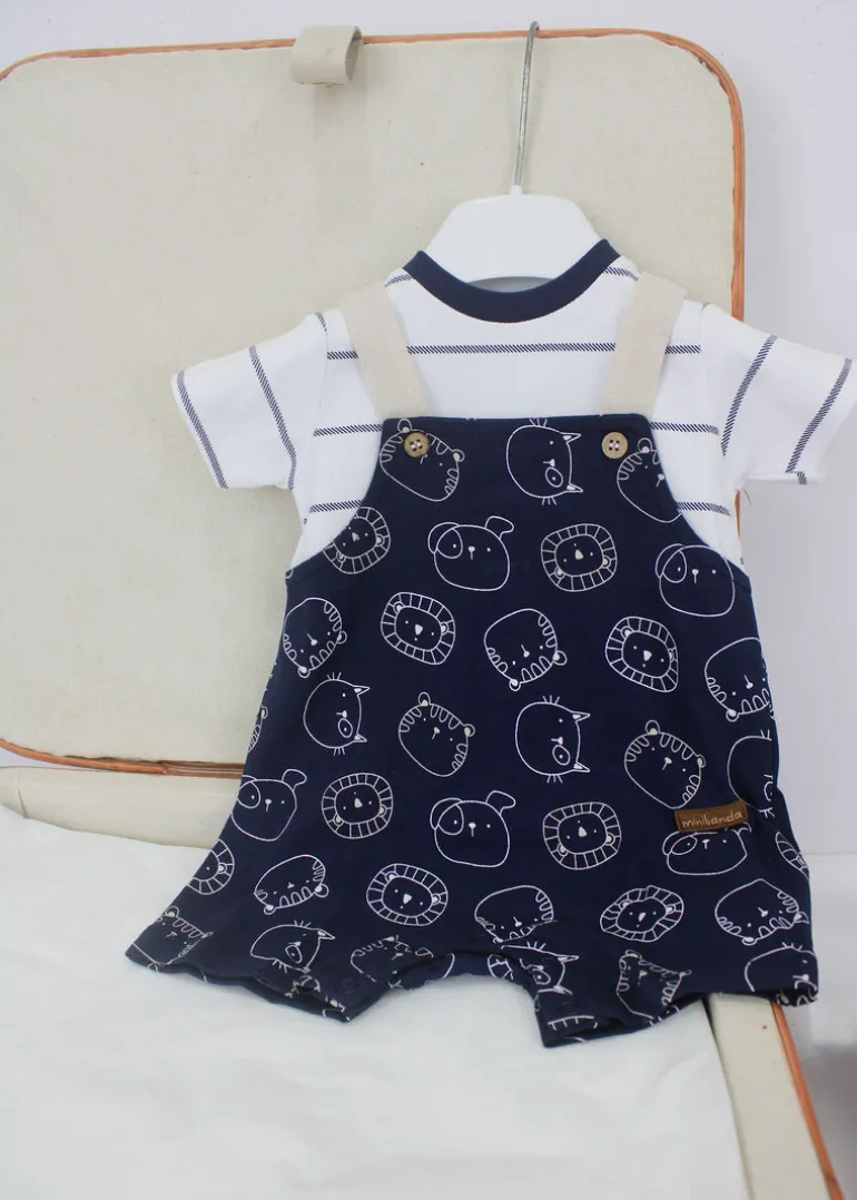 Minibanda T-shirt Bianca a Righe con Salopette Blu con Stampa per Neonati
