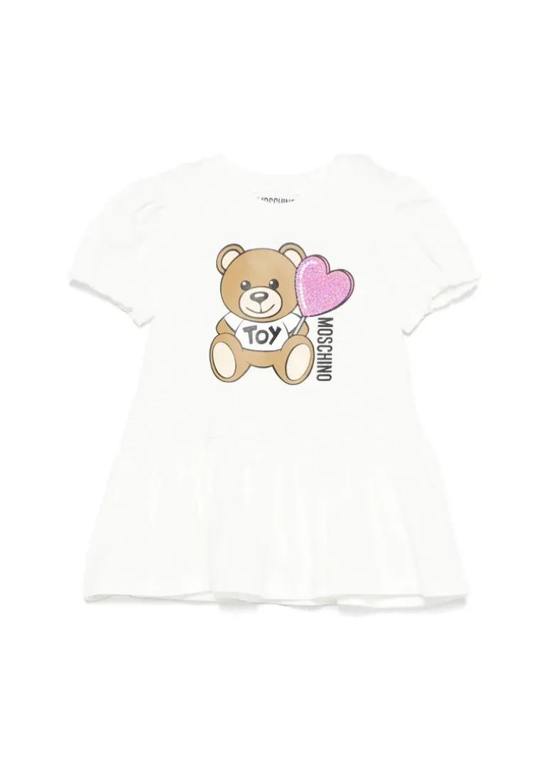 Moschino Kids Abito Bianco con Stampa e Ruches per Neonate