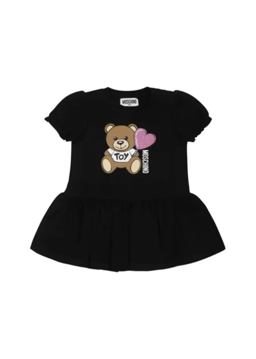 Moschino Kids Abito Nero con Stampa e Ruches per Neonate