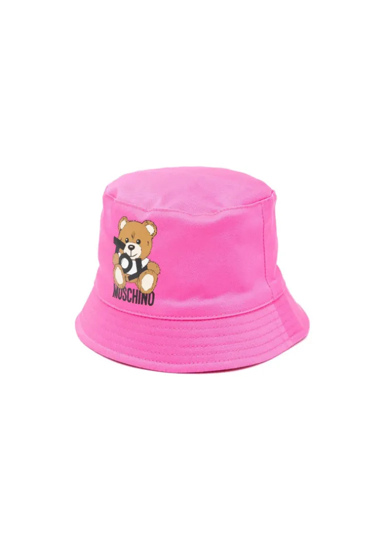 Moschino Kids Cappello Bucket Fucsia con Stampa per Neonate