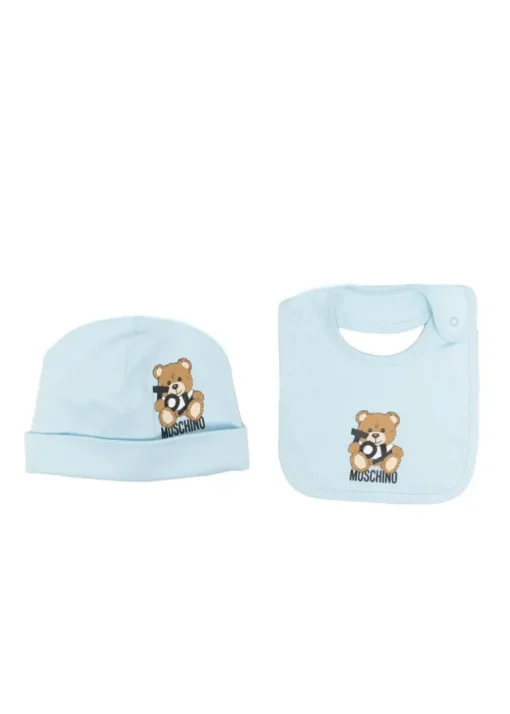 Moschino Kids Cappello con Bavetta Celeste con Toy per Neonati