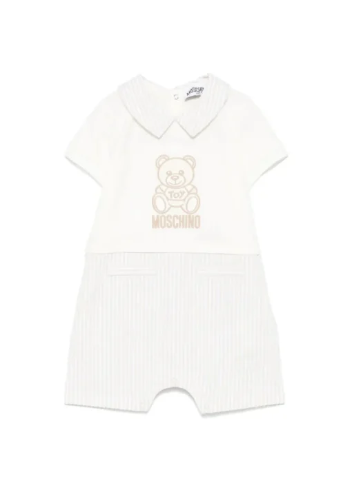 Moschino Kids Pagliaccetto a Righe Panna/Beige con Ricamo Teddy per Neonati