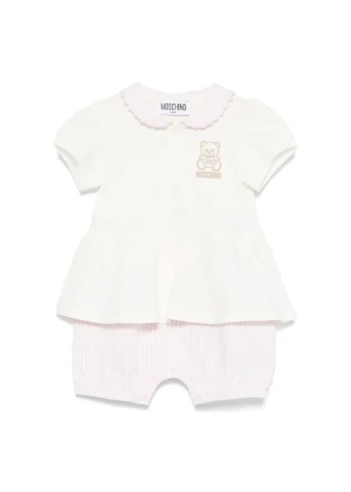 Moschino Kids Pagliaccetto a Righe Panna/Rosa con Ricamo Teddy per Neonate
