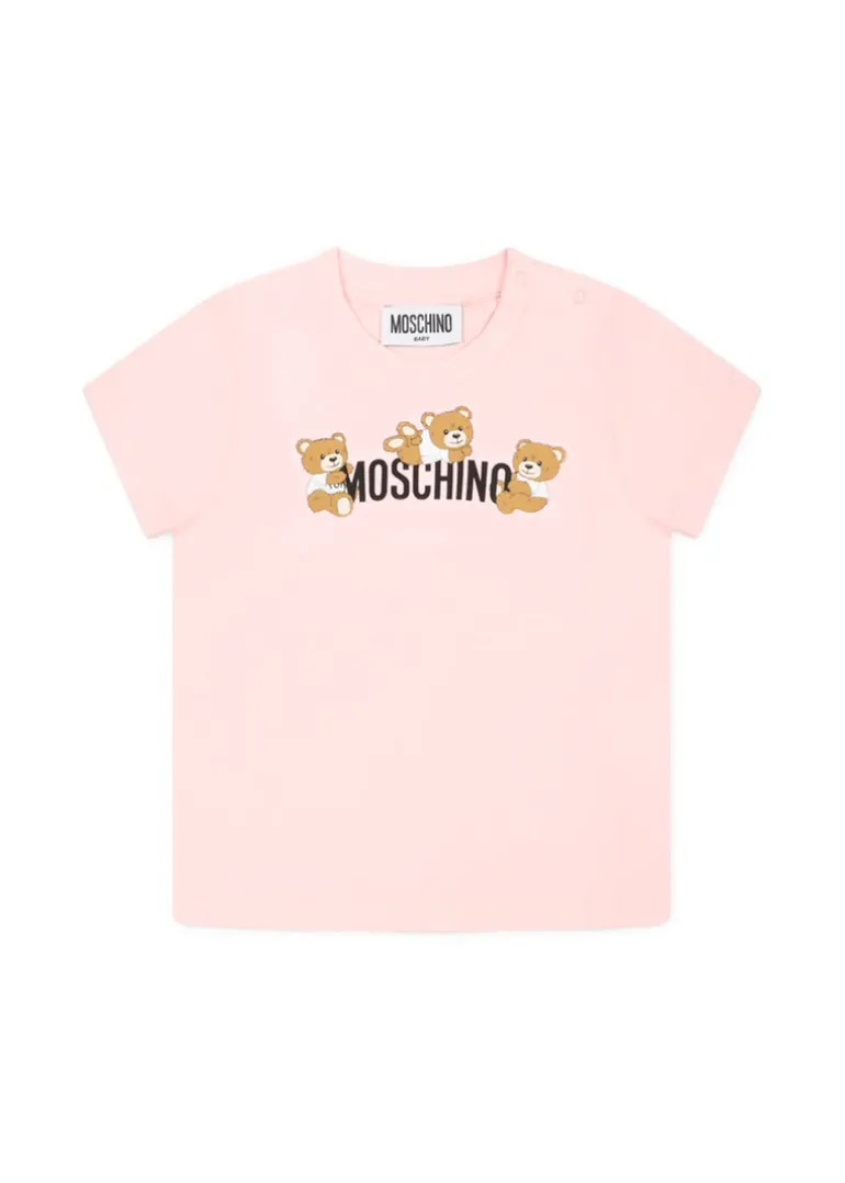Moschino Kids T-shirt Rosa con Stampa Teddy per Neonate