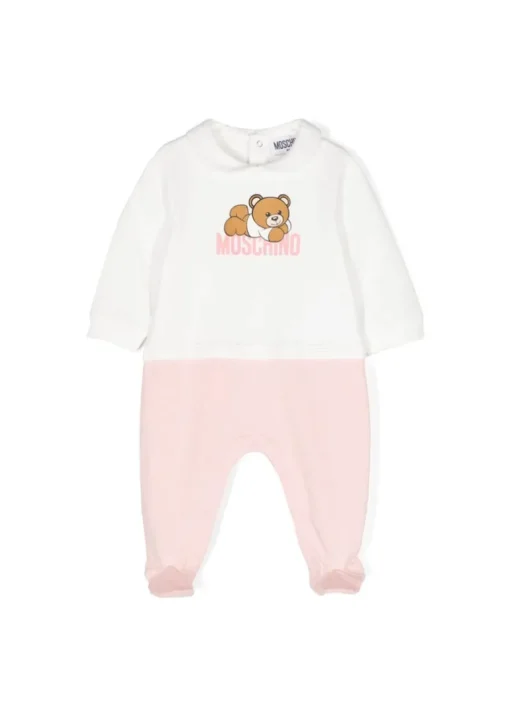 Moschino Kids Tutina Bianco/Rosa con Stampa Logo per Neonate