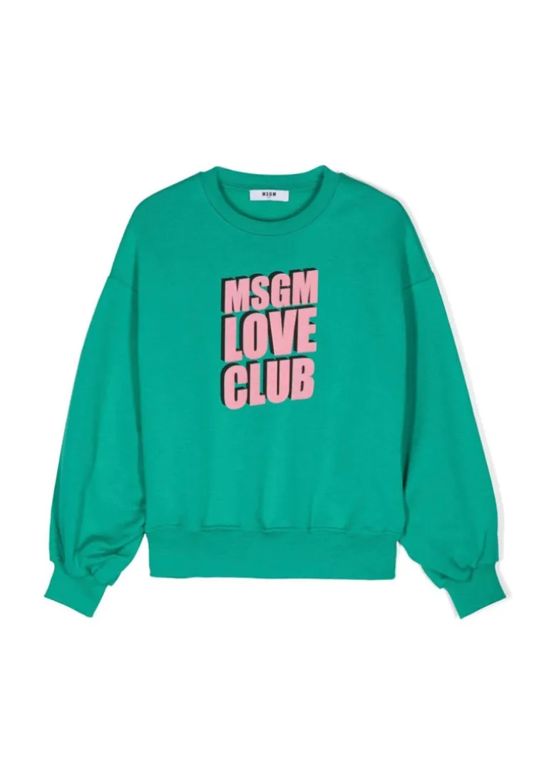 MSGM Kids Felpa Verde con Stampa Logo per Bambine