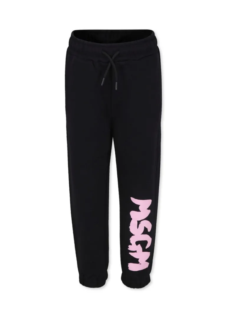 MSGM Kids Pantaloni Joggers Neri/Rosa con Logo per Bambine