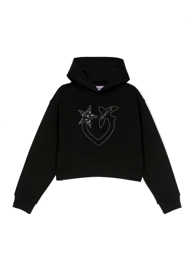 Pinko Kids Felpa Nera Crop con Cappuccio con Strass per Bambine