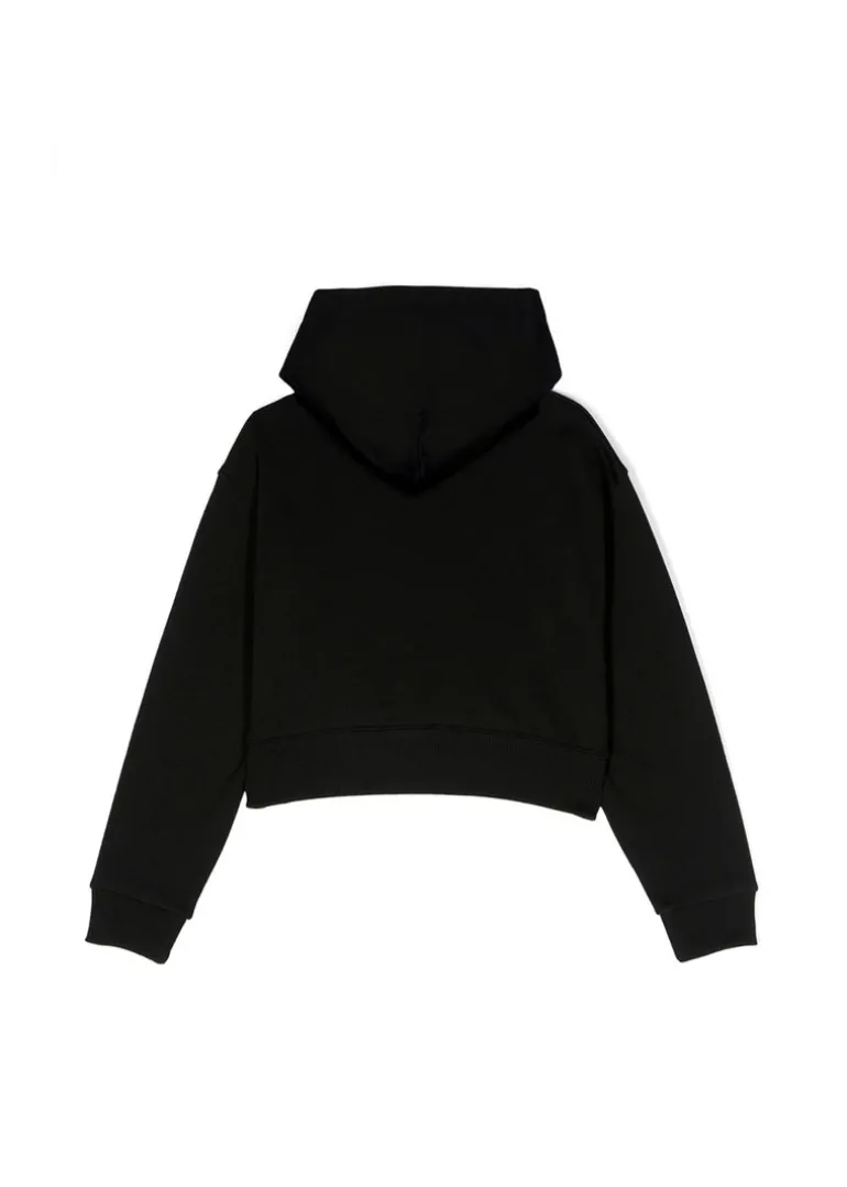 Pinko Kids Felpa Nera Crop con Cappuccio con Strass per Bambine