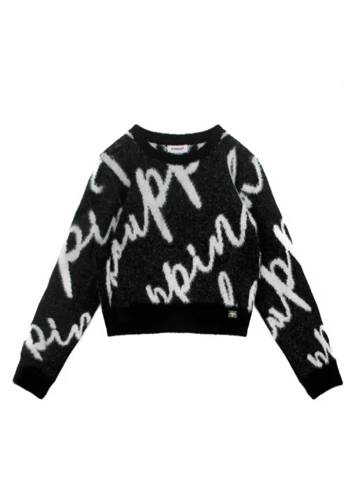 Pinko Kids Maglione Crop Nero con Logo All-over per Bambine