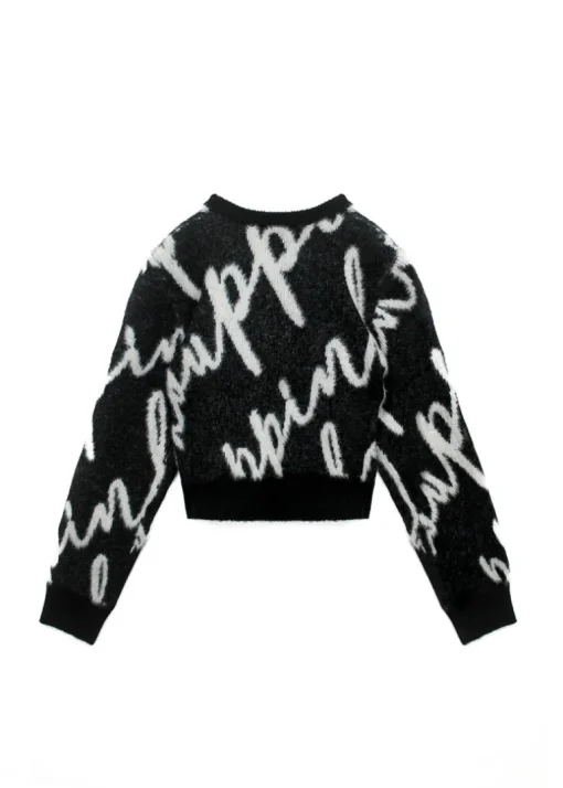 Pinko Kids Maglione Crop Nero con Logo All-over per Bambine