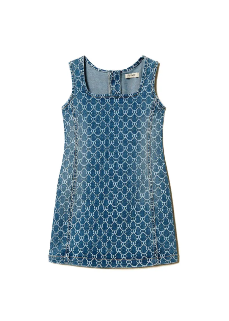 Twinset Kids Abito in Denim con Oval T All Over per Bambine