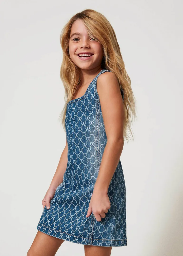 Twinset Kids Abito in Denim con Oval T All Over per Bambine