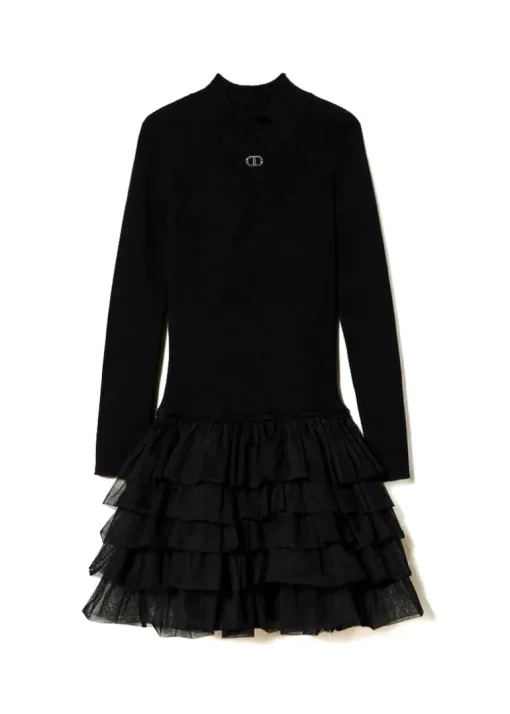 Twinset Kids Abito Nero a Costine con Gonna Tulle per Bambine