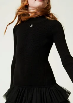 Twinset Kids Abito Nero a Costine con Gonna Tulle per Bambine