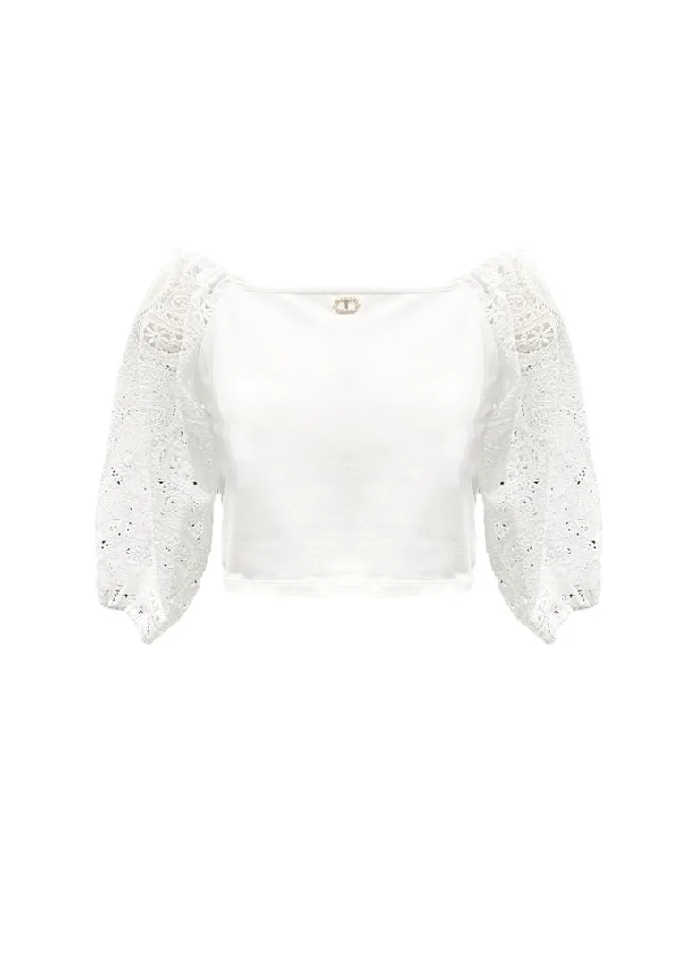 Twinset Kids Top Bianco con Pizzo per Bambine